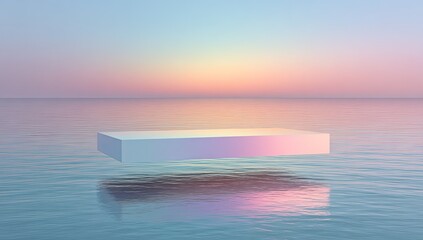 A serene pastel sunrise scene with a floating rectangular prism reflecting in calm water