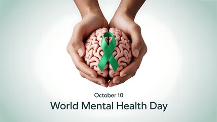 Compassionate Hands Hold Brain, Green Ribbon, Mental Health Day