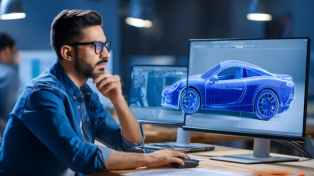Engineer working on 3D car design using computer-aided software in a modern office environment