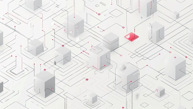 An abstract digital illustration featuring a complex network of interconnected gray cubes and thin red lines, suggesting a technological or data flow concept