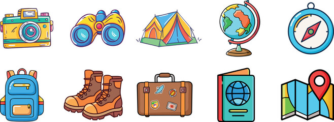 Travel and adventure cartoon colorful icons pack with suitcase, backpack, globe, passport, camera, map with pin, camping tent, hiking boots, compass, and binoculars &ndash; fun children doodle style vector 