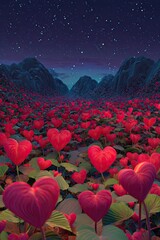 Starry night sky over a vast field of heart-shaped, crimson leaves, nestled between dark mountains