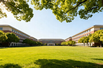 A sunny campus courtyard with symmetrical red-brick buildings and a lush green lawn framed by trees