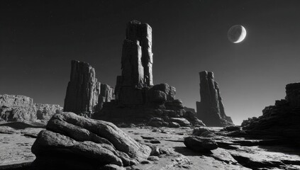 Monochrome desert landscape at night, featuring towering, eroded rock formations under a crescent moon and starlit sky
