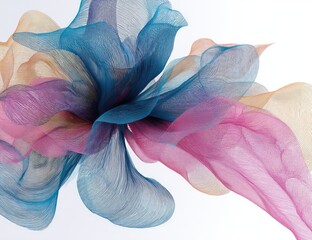 Abstract swirling translucent fabric in teal, pink, and beige, creating a floral-like form against a white background