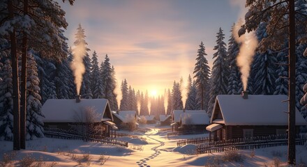 Cozy winter village scene with snow-covered cabins and rising smoke at sunset for Christmas background