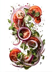 A vibrant salad of sliced tomatoes, red onions, cucumbers, and herbs, suspended in mid-air against a white background, with peppercorns scattered amongst the ingredients, forming an 'S' shape