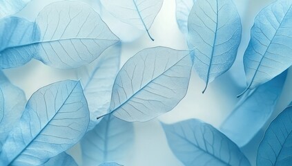 Light-blue, translucent leaves scattered on white