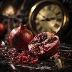 Two pomegranates, one halved, revealing crimson seeds, rest on a dark marble surface near an antique clock; low-light, dramatic setting