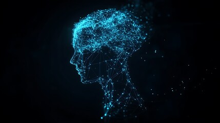 Obraz premium Abstract digital human head silhouette made of glowing blue particles