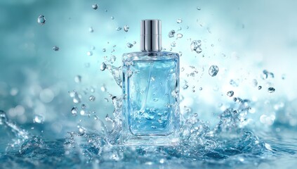 A rectangular glass perfume bottle with a silver cap sits in a pool of water, surrounded by splashing droplets against a blurred, aqua backdrop