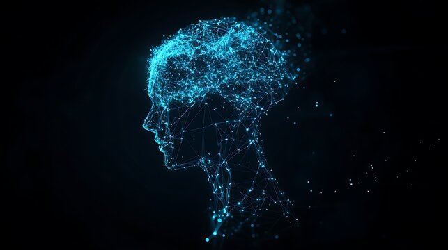 Abstract digital human head silhouette made of glowing blue particles - Powered by Adobe