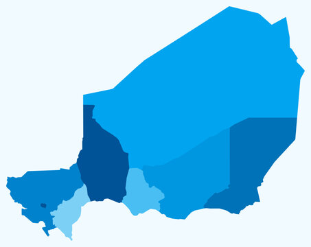 Map of Niger with regions. Just a simple country border map with region division. Light blue color palette. Blank Republic of Niger shape with administrative division. Vector illustration.