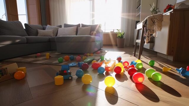 Colorful toys scattered on a light-brown wooden floor in a sunny living room