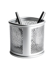 Silver cylindrical mesh utensil holder with two thin utensils inside