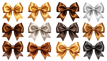 A grid of twelve satin bows in varying shades of gold, brown, beige, and black.  Glossy, detailed bows