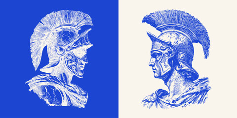 Engraving sketch of ancient warriors in helmets. Roman or Greek soldier heads in detailed line art, classical history illustration.