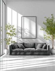 A modern living room design showcasing a stylish gray sofa, houseplants, and natural light.