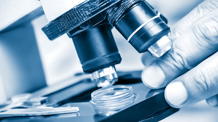 Close-up of a scientist adjusting a microscope in a laboratory setting
