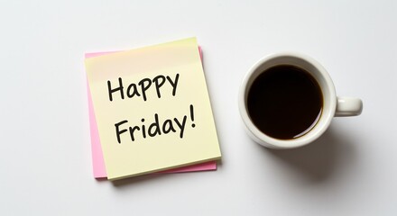A yellow sticky note with 'Happy Friday!' written in black marker next to a white coffee cup filled with dark coffee on a clean white background.