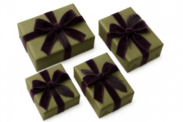 Four olive green gift boxes wrapped with a purple velvet ribbon bow and feather, celebrating special occasions