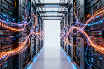 Server room with glowing data streams in a high-tech data center
