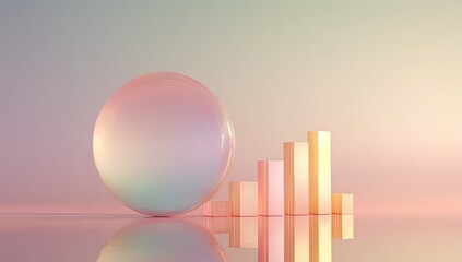 Pastel-hued glass sphere beside ascending rectangular bars, reflecting on a glossy surface against a soft gradient background