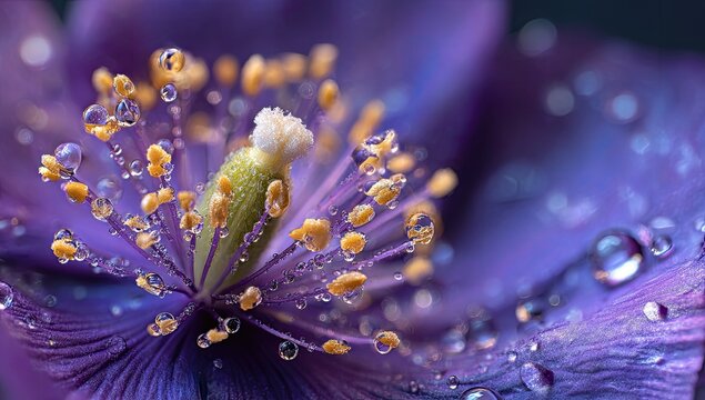Macro close-up of a purple flower's reproductive parts, glistening with dew drops