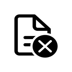 Black outlined document icon with text lines and a black circle with an x symbol overlaying it icon
