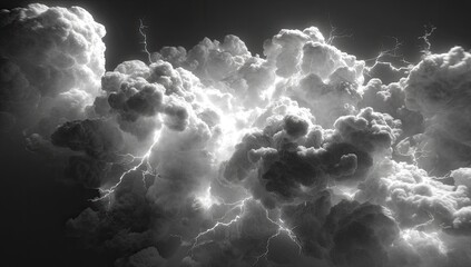 A dramatic monochrome image of a tumultuous storm cloud illuminated by bright flashes of lightning, creating a powerful, textured contrast of light and shadow