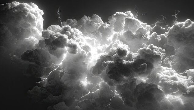 A dramatic monochrome image of a tumultuous storm cloud illuminated by bright flashes of lightning, creating a powerful, textured contrast of light and shadow