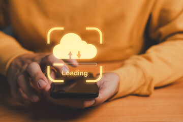 Cloud storage concept with smartphone showing loading bar, symbolizing data upload and download, online backup, digital technology, mobile connection, file transfer, and modern computing.