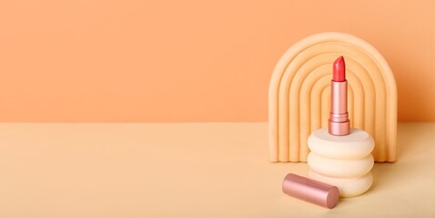 Decorative podiums with lipstick on orange background with space for text