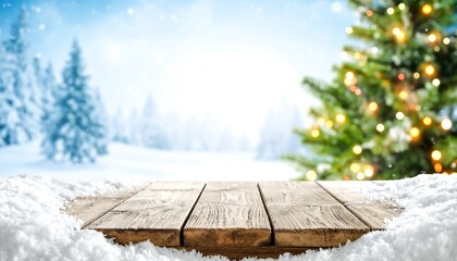 Snowy winter scene with wooden table