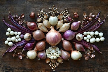 Garlic cloves, onions, and shallots arranged with symmetry on a rustic wooden surface