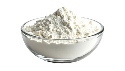 A glass bowl brimming with a generous mound of fine, white powder, possibly flour or cornstarch, against a stark black backdrop