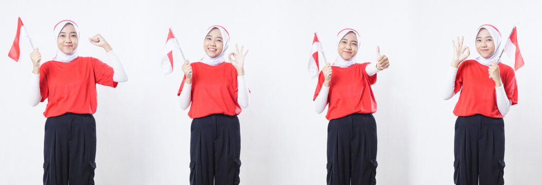 Set collection or collage of Indonesian muslim woman holding red and white Indonesian flag attribute to celebrate independence day isolated on white background