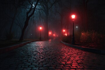 Foggy night path, cobblestone road illuminated by red-glowing lampposts in a dark park, trees silhouetted against a moonlit sky