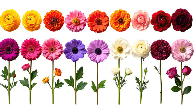 Colorful flower display. A spectrum of flowers in various shades of pink, orange, red, yellow, purple, and white. Close-up view, showing blossoms and stems against a black background
