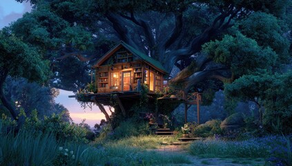 A charming treehouse nestled in a lush forest at twilight, illuminated by warm interior light, bookshelves visible through windows, a rustic wooden staircase leading to its entrance