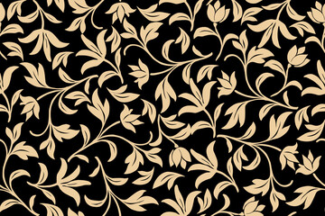Elegant seamless floral pattern in beige and black, featuring flowing leaves and abstract blossoms. Perfect for wallpaper, fabric, and luxury design projects.