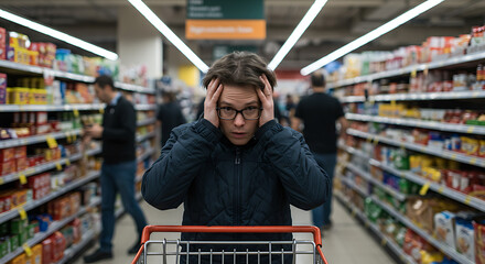 Overwhelmed Shopper in Grocery Store Aisle