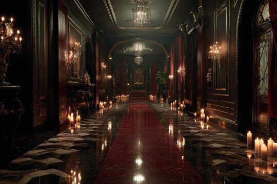 Dark, opulent hallway with red carpet, marble floor, lit by candles and chandeliers, featuring dark wood paneling and red drapery
