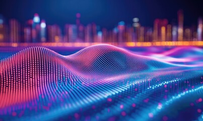Abstract digital wave pattern over city skyline