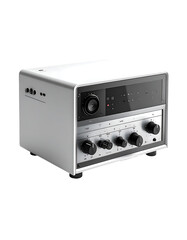 Sleek, white audio device with a retro-modern design, featuring a prominent speaker grill, multiple knobs, and a minimalist control panel
