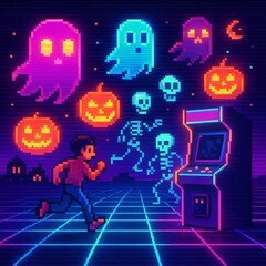 Retro Pixel Art Haunted Arcade Halloween Background
