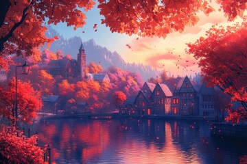 Naklejka premium Autumn landscape with colorful trees and a serene river at sunset.