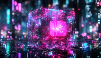 Neon cube, glowing, futuristic city