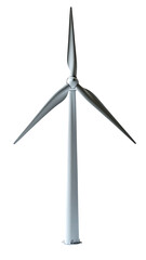 Sleek, three-bladed wind turbine model, silver, against a black background; slender tower and pointed blades