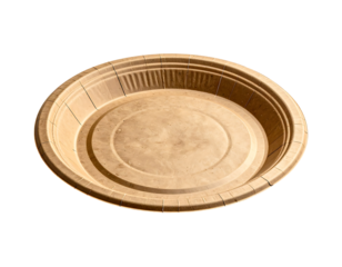 A round, light-brown, disposable paper plate with a fluted edge, showing slight texture and concentric circles in the base